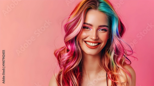 Young beautiful smiling happy woman with rainbow colored wavy hair isolated on flat pink background with copy space, banner template of Creative hair coloring