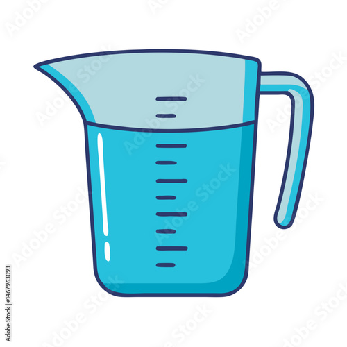 Illustration of a blue measuring cup for kitchen use with measurement markings and handle