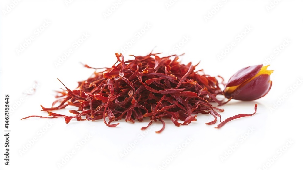 Naklejka premium Side view of a small heap of saffron threads with a few whole saffron pistils on a white background showcasing their rich color overlay cut out on isolated transparent removed background