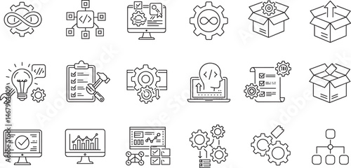 DevOps methodology and software development concept editable stroke outline icons set isolated on white background flat vector illustration. 