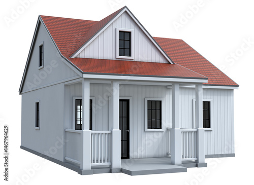 White cottage with porch, dormer window and red roof. 3d illustration transparent background