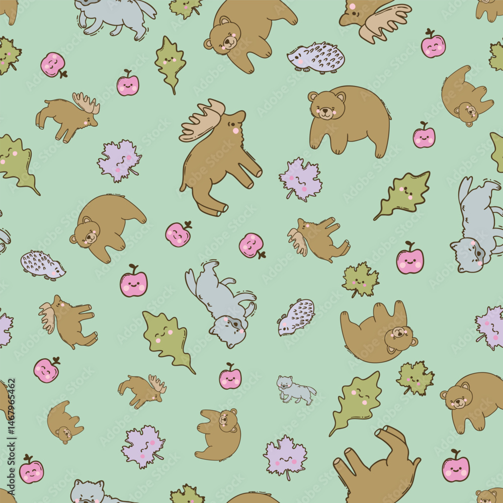 Obraz premium Cute kawaii Woodland Animals Vector Seamless Pattern in Pastel Colors