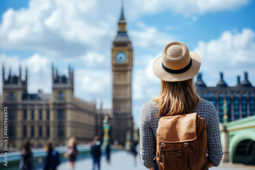 Obraz premium Young Female Tourist Wearing Hat and Backpack Looking London on Summer Day