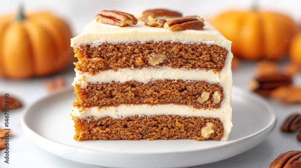 Slice of Three Layer Sweet Potato Cake with Maple-Pecan Frosting for Autumn Dessert. Slice of Three Layer Sweet Potato Cake with Maple-Pecan Frosting for Autumn Dessert.