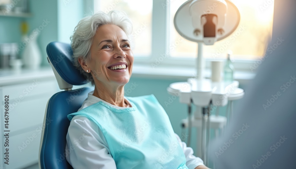 Fototapeta premium Smiling senior woman dental checkup in dentist office. Happy elderly female at teeth care. Healthy white teeth, positive emotions, well-being concept. Elderly patient, dental clinic, health care.