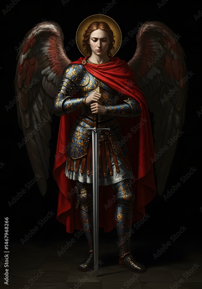Obraz premium Contemplative archangel standing guard with sword against a dark backdrop symbolizing heavenly protection and spiritual warfare, a powerful representation