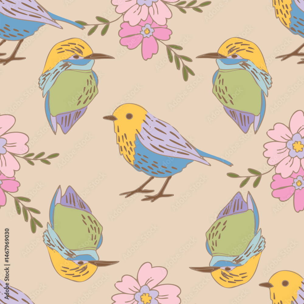 Obraz premium Pastel Birds and Flowers Vector Seamless Pattern n a whimsical vintage style