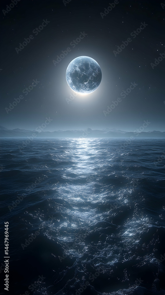 Fototapeta premium A serene full moon casts its ethereal glow upon a tranquil, dark ocean