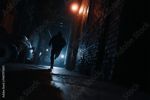 Silhouette of a person running in a dark urban alleyway with brick walls under a street light during nighttime