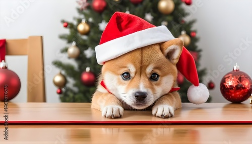 Adorable Shiba Inu Puppy in Santa Hat by Christmas Tree
