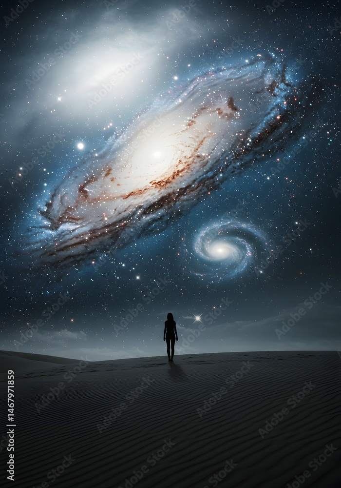 Contemplating cosmic immensity: a solitary figure faces the breathtaking spectacle of distant galaxies above a desolate terrain with surreal ambiance Contemplating cosmic immensity: a solitary figure faces the breathtaking spectacle of distant galaxies above a desolate terrain with surreal ambiance