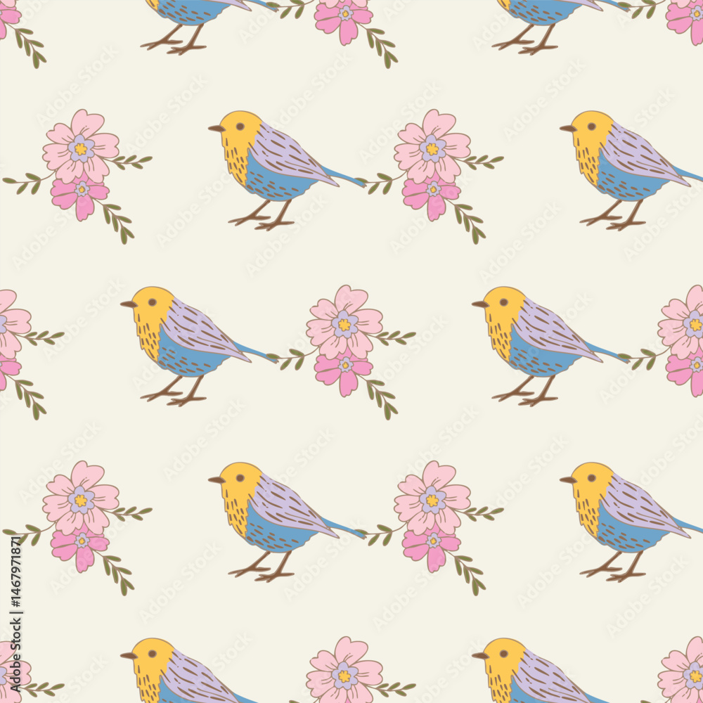 Fototapeta premium Pastel Birds and Flowers Vector Seamless Pattern n a whimsical vintage style