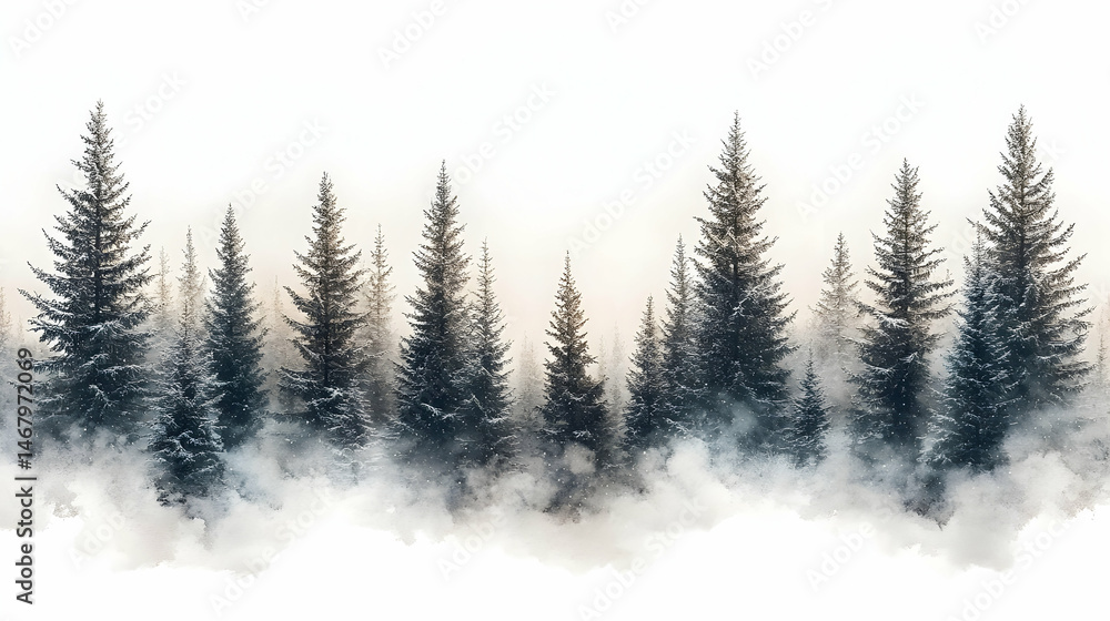 Fototapeta premium Misty evergreen forest shrouded in fog, creating a serene, ethereal landscape