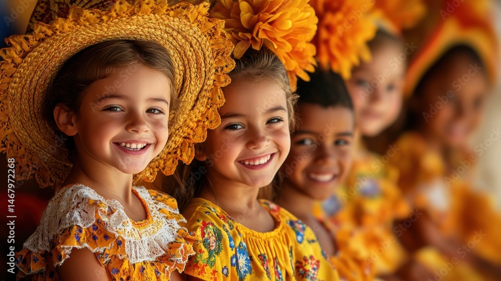 Diverse kids in traditional Festa Junina outfits smile and dance in a festive, playful Brazilian celebration setting