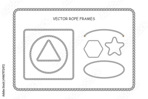 Set of gray twisted rope frames featuring multiple geometric configurations including rectangles, circles, triangles, hexagons, stars, and ovals, perfect for nautical themed graphics