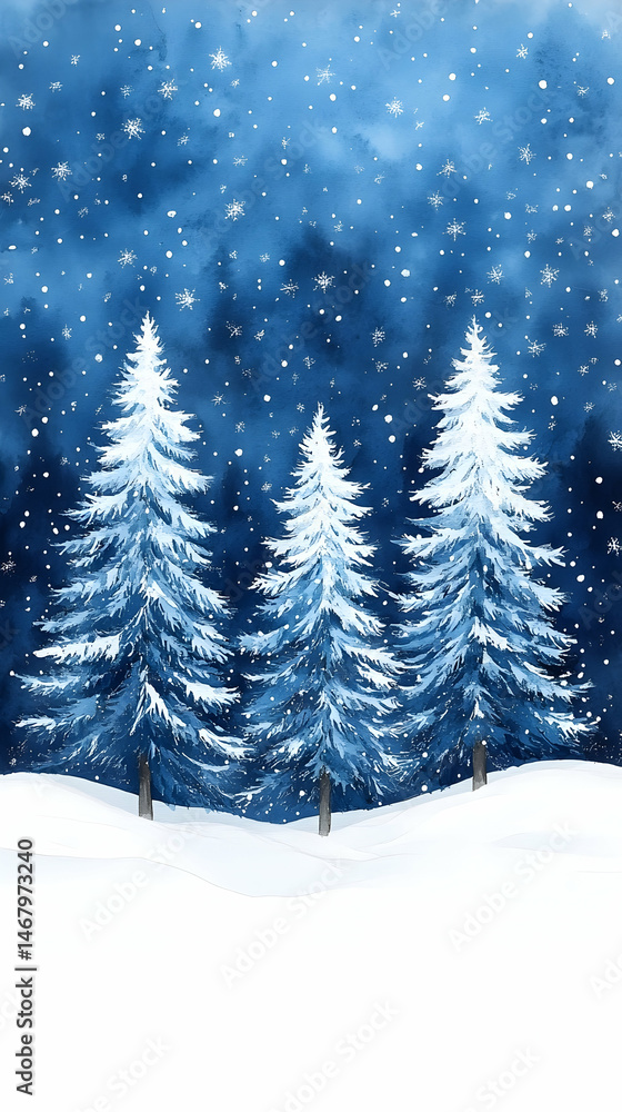 Obraz premium Three snow-covered evergreens stand against a twilight sky dusted with snowflakes