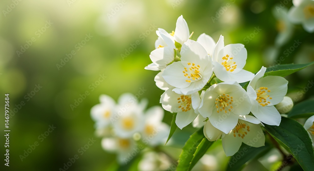 Fototapeta premium White Jasmine Flowers in Bloom in Natural Green Garden 
