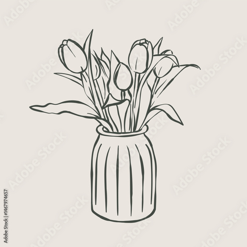 Bouquet of tulips in a vase in the Italian style coquette drawn in line