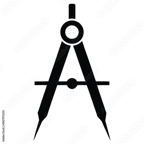 Black geometrical compass with sharp points and adjusting arms creates precise measurements on white