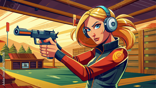 A woman practices shooting a pistol in a shooting range while wearing protective headphones