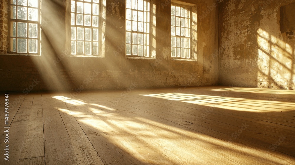Sunlight streams through a large window, casting a warm glow on the wooden floor and walls. Sunlight streams through a large window, casting a warm glow on the wooden floor and walls.