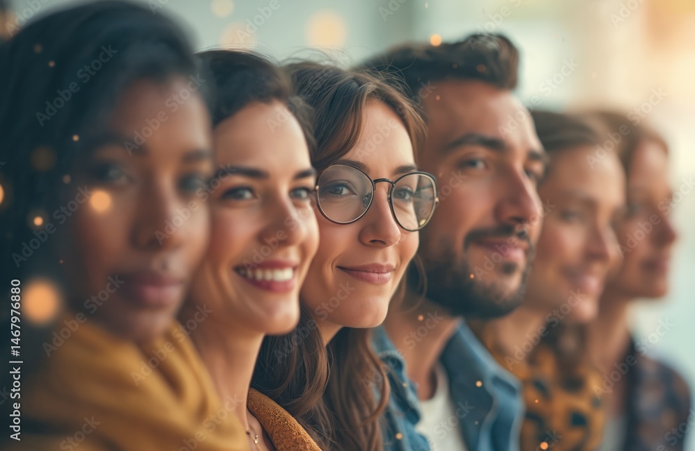 Fototapeta premium Group diverse people, representing online social community. Smiling faces express connection, engagement. Focuses on digital communication, modern trends, building relationships, trust, achieving