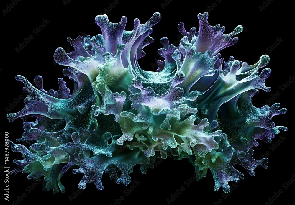 Obraz premium 3D render of the coronavirus, in shades of green and purple on a black background