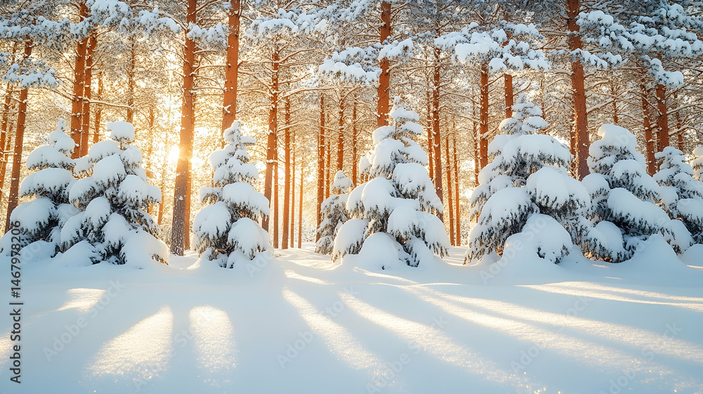 Naklejka premium Sunlit winter forest scene with snow-covered pine trees and long shadows
