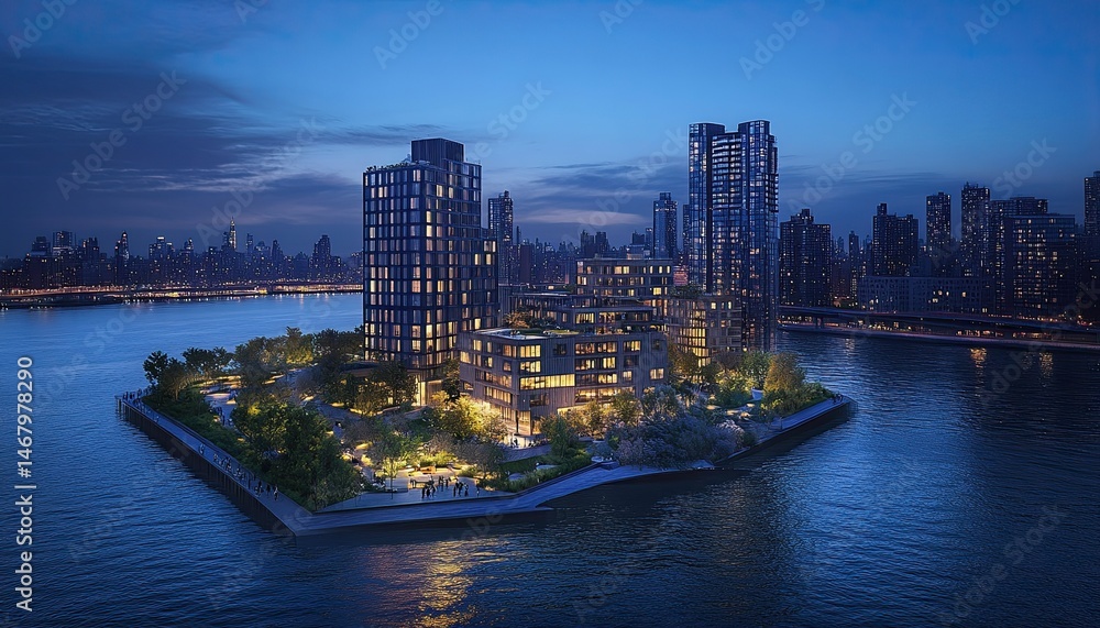 Fototapeta premium 3D rendering , buildings illuminated by lights, water on one side