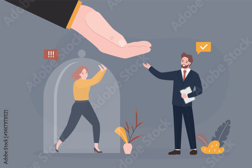 Gender inequality, business woman covered with glass cage, businessmen make a deal or contract. Discrimination, gender gap, sexism. Social issues.