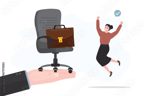 Happy businesswoman gets a job offer. Happy caucasian woman jumping near giant hand with office chair and briefcase. Job offer. Recruitment process, hiring, employment.
