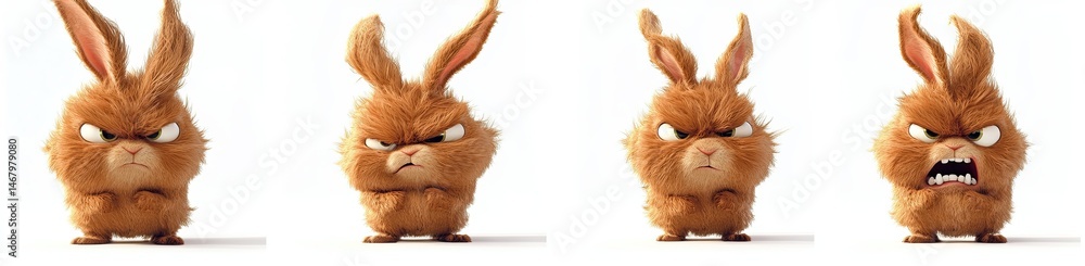 Fototapeta premium Any poses of a cute, fluffy brown bunny character, against a white background