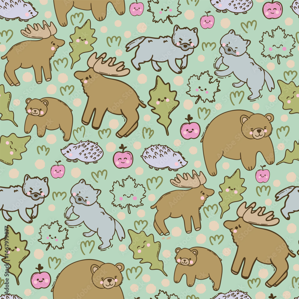 Obraz premium Cute kawaii Woodland Animals Vector Seamless Pattern in Pastel Colors