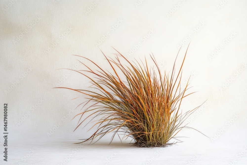 Fototapeta premium A clump of ornamental grass with orange and green hues stands against a white backdrop, creating a minimalist composition.