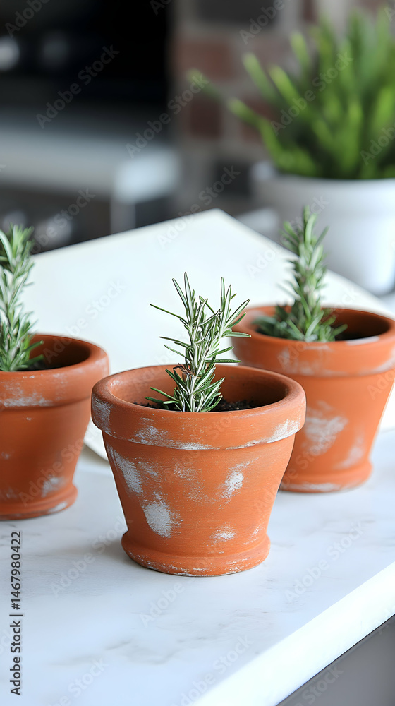 Fototapeta premium Three terracotta pots, distressed finish, contain small rosemary plants