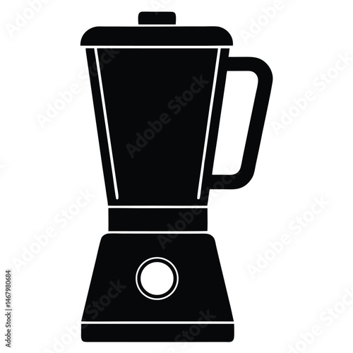 The black and white blender showcases a cylindrical jar with handle on its trapezoidal base