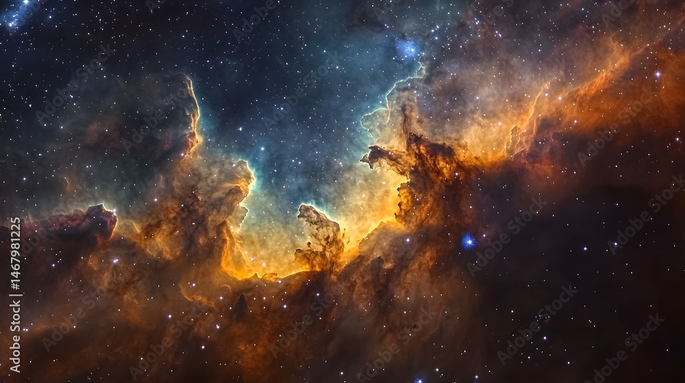Obraz premium Vivid orange and gold nebula with cloud-like formations and bright stars in deep space