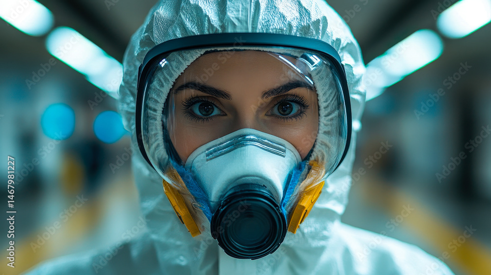 Close-Up of Person Wearing Anti-Radiation Suit and Respirator in Industrial Setting for Safety, Environmental Protection, and Health Precautions Concept