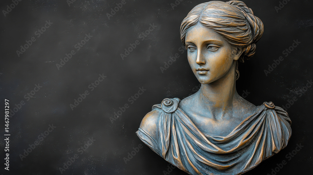 Antique Greek Woman Bust Sculpture on Black Background, Roman-Style Statue, Classical Art, Elegant Female Marble Bust, Historical Artwork, Ancient Greek Art, Museum Quality, Aesthetic Decor Concept