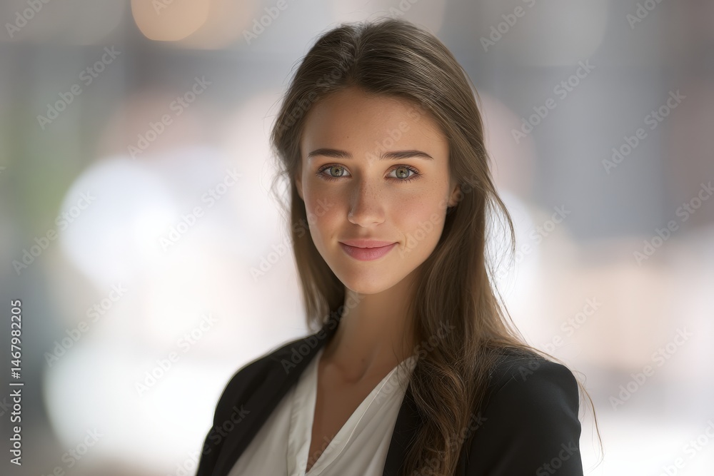 Portrait of a young Caucasian woman with long brown hair, wearing a black blazer and white shirt. Soft, natural light. Portrait of a young Caucasian woman with long brown hair, wearing a black blazer and white shirt. Soft, natural light.