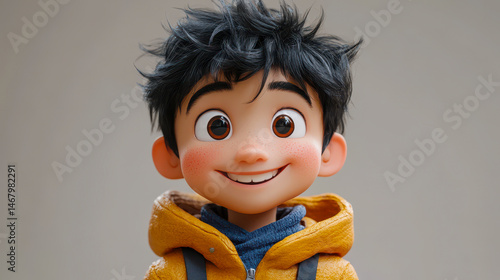 Obraz na płótnie 3D Cartoon Character of a Happy Smiling Asian Boy Teenager in Yellow Jacket, Cute and Funny Facial Expression, Youthful Joy and Animation Humor Concept w salonie