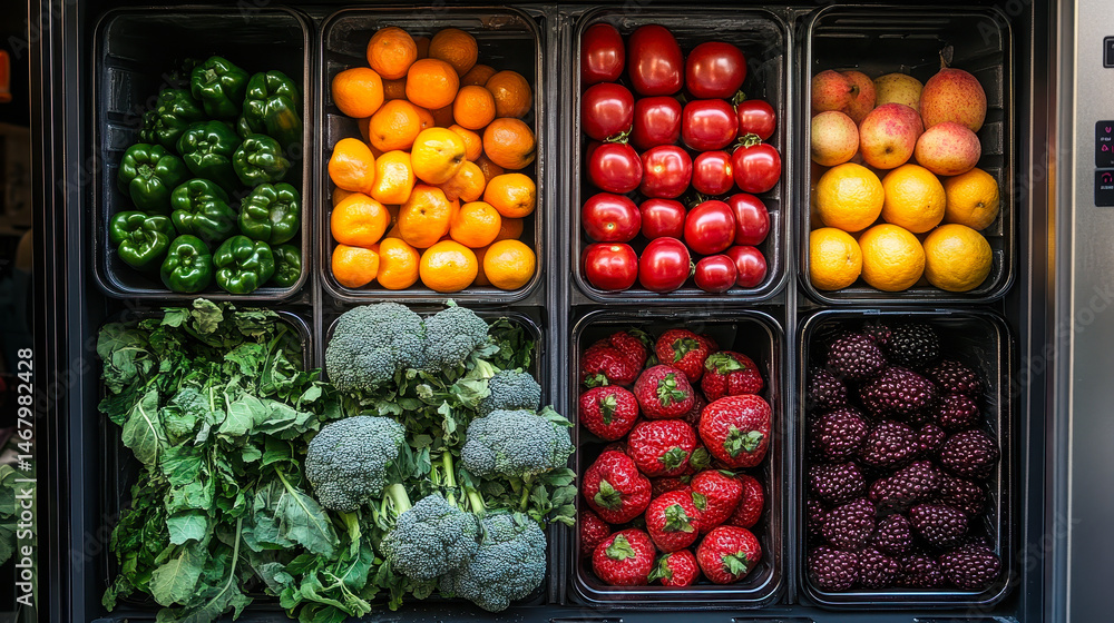Refrigerator Stocked with Fresh Fruits and Vegetables Including Peppers, Citrus, Tomatoes, Apples, Broccoli, Strawberries, and Blackberries Organized in Storage Bins for Healthy Eating