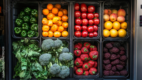 Obraz na płótnie Refrigerator Stocked with Fresh Fruits and Vegetables Including Peppers, Citrus, Tomatoes, Apples, Broccoli, Strawberries, and Blackberries Organized in Storage Bins for Healthy Eating w salonie