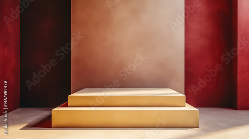 Minimal Geometrical Podium Stage in Light Maroon and Dark Beige, Rectangular Parallelepiped Platform for Product Photography or Beauty Displays