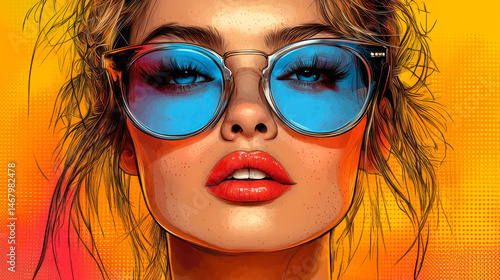 Modern Pop Art Portrait of Stylish Woman in Light Blue Sunglasses on Colorful Vintage Retro Background, Contemporary Fashion Illustration, Trendy Female with Bright Makeup and Artistic Expression