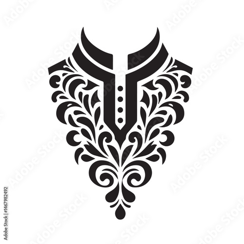 Elegant black and white ornamental neckline design for fashion and textile prints