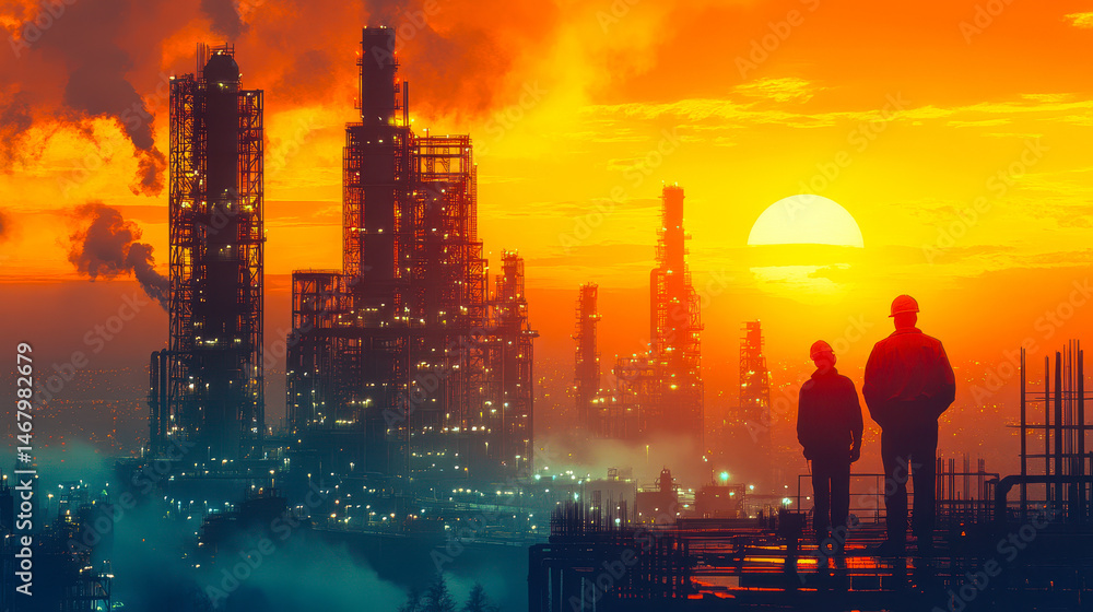 Silhouette of Industrial Construction Workers at Sunset Overlooking Smoky Skyline of Refineries and Factories