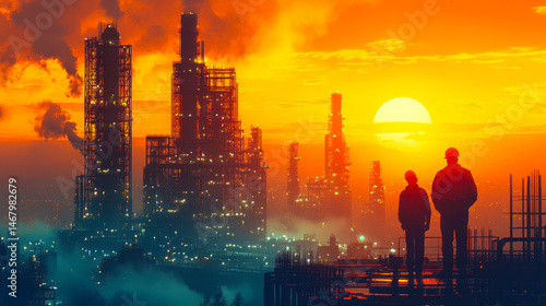 Silhouette of Industrial Construction Workers at Sunset Overlooking Smoky Skyline of Refineries and Factories