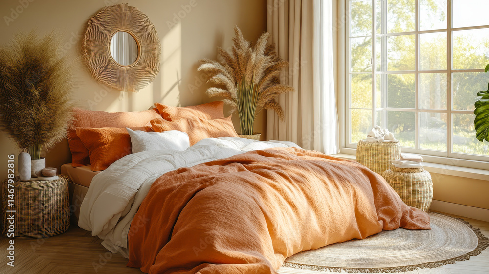 Modern Trendy Bedroom with Soft Peach Fuzz Bedding and Natural Light, Cozy Relaxing Atmosphere, Contemporary Interior Design, Tranquil Sleep Space, Home Decor Inspiration