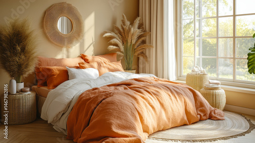 Modern Trendy Bedroom with Soft Peach Fuzz Bedding and Natural Light, Cozy Relaxing Atmosphere, Contemporary Interior Design, Tranquil Sleep Space, Home Decor Inspiration
